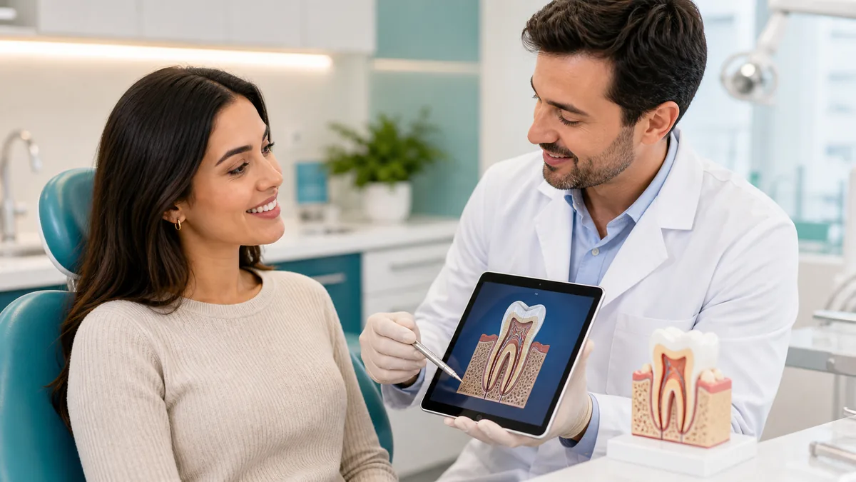 Dentista explicando tratamento de canal para paciente