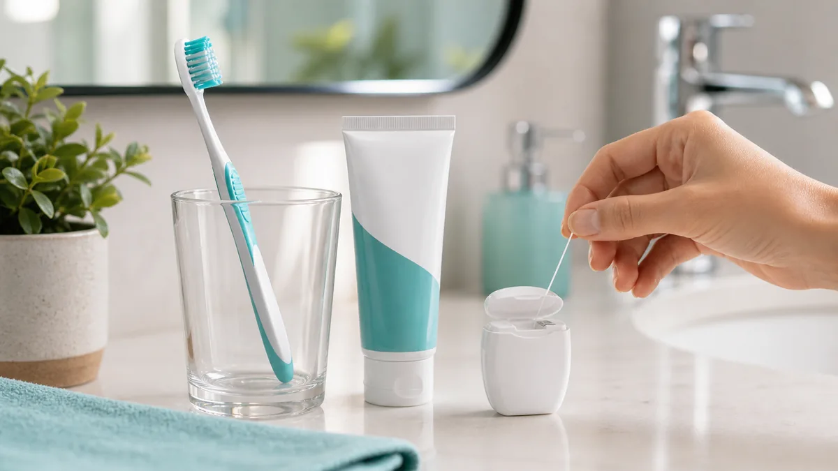 Escova, creme dental e fio dental para rotina de saúde bucal